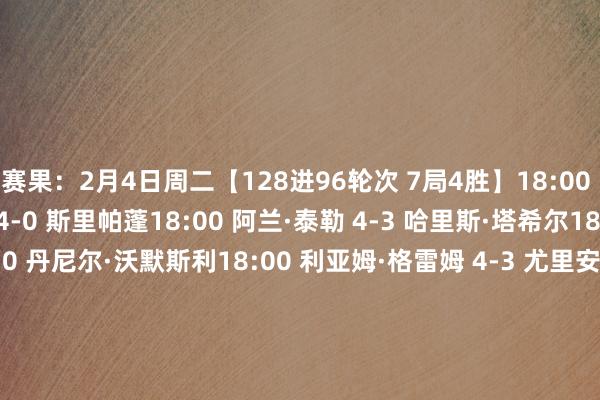 赛果：2月4日周二【128进96轮次 7局4胜】18:00 伊什普利特·辛格·查达 4-0 斯里帕蓬18:00 阿兰·泰勒 4-3 哈里斯·塔希尔18:00 安德鲁·希金森 4-0 丹尼尔·沃默斯利18:00 利亚姆·格雷姆 4-3 尤里安·博伊科18:00 迪恩·杨 3-4 米歇尔·曼恩18:00 罗斯·缪尔 4-2 马纳萨文·佩马莱克21:00 杜安·琼斯 2-4 迪伦·埃莫里21:00 斯图